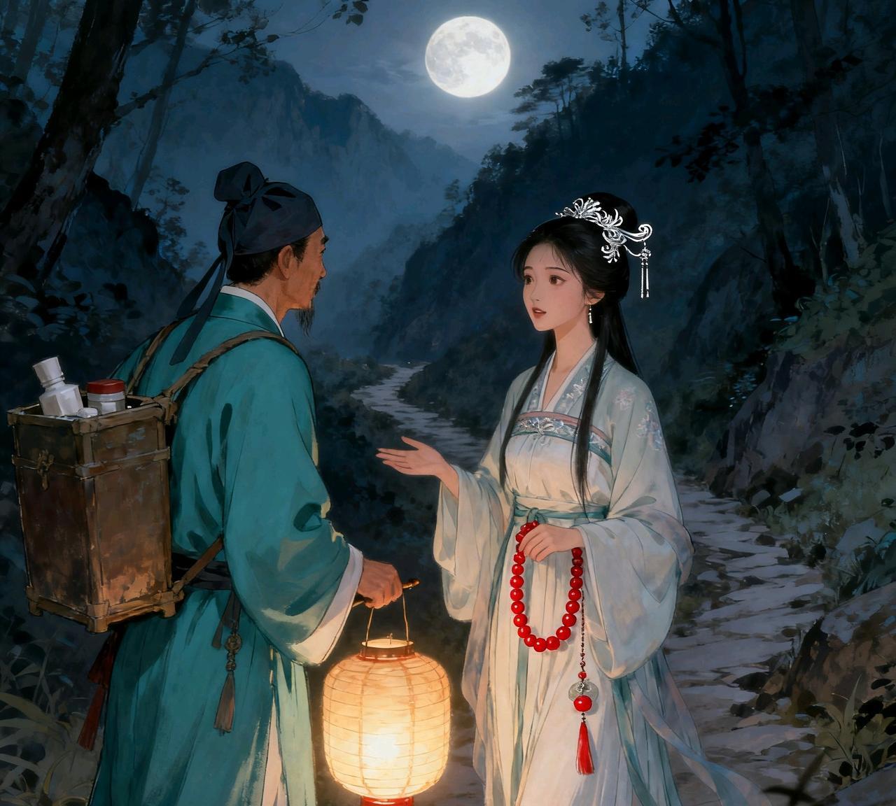 古时，一郎中夜行山路，遇一美貌女子，美女请他为父治病。郎中见病人中了箭伤，便为他