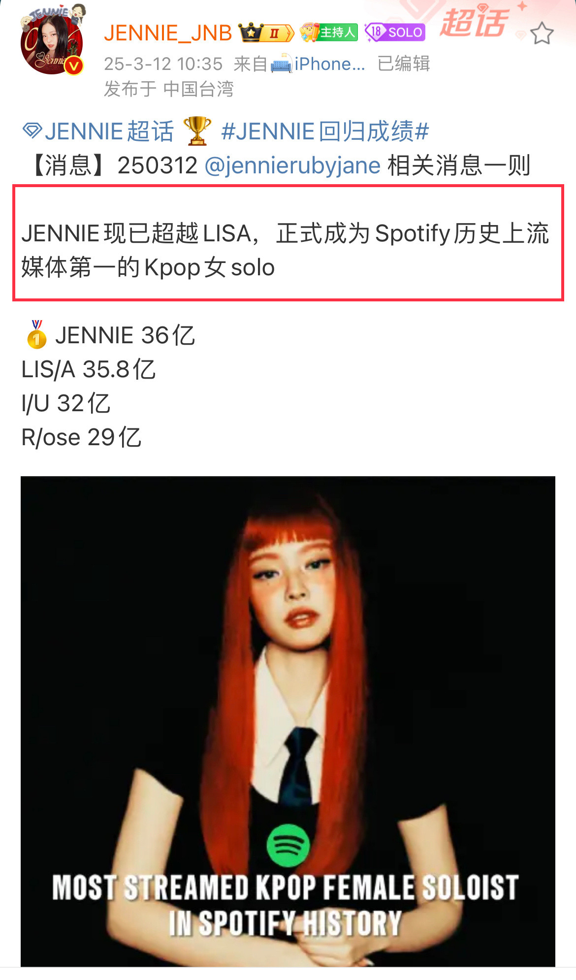 Jennie超越Lisa​​​