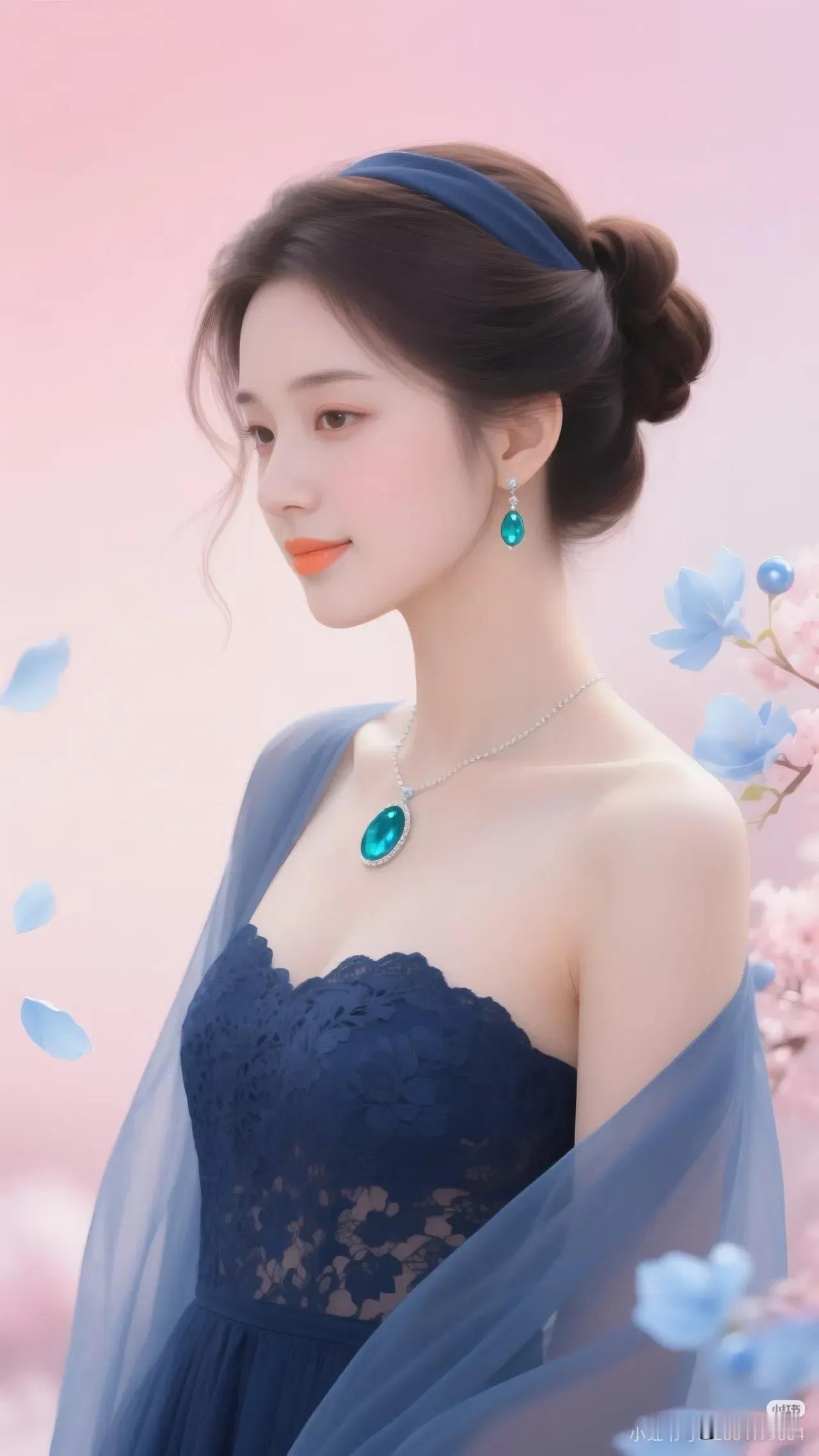 藏在藏青裙摆里的温柔，揉着粉色霞光与蓝花的浪漫，一眼便沦陷于这份雅致与柔美