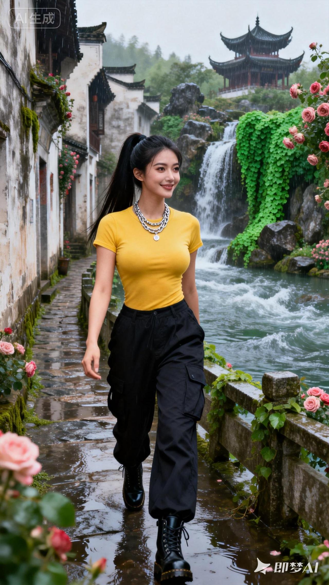 雨中漫步，古韵悠长。