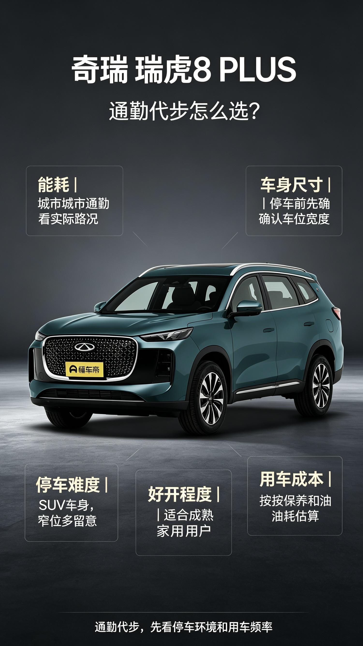 如果日常主要就是市区上下班代步，瑞虎8PLUS可以好好琢磨一下。毕竟是SUV，车身偏大一点，碰到小区