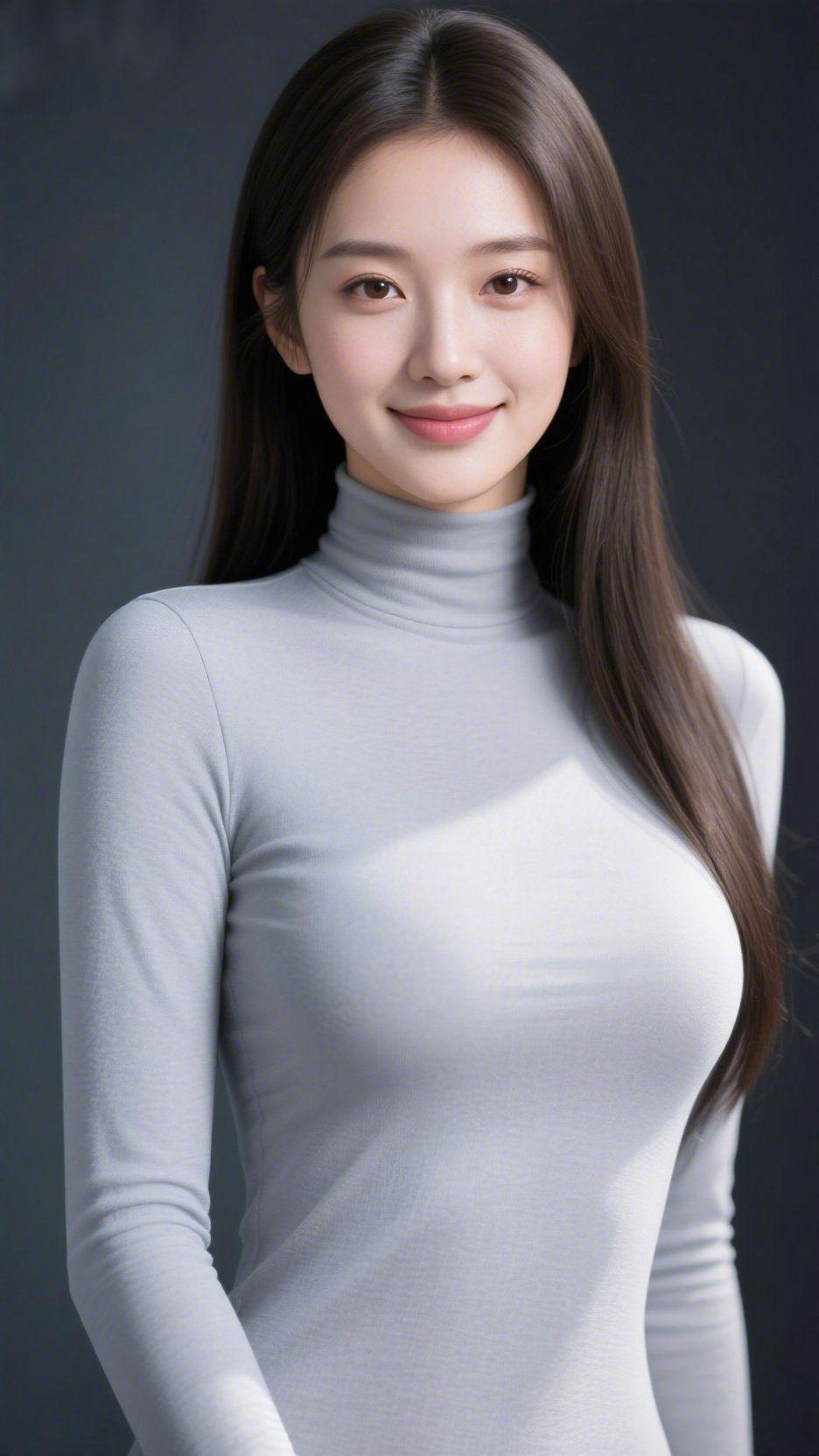 《素色里的清柔》暗调背景如轻拢的雾，她立于其间，浅灰高领衫裹着温和的软。长