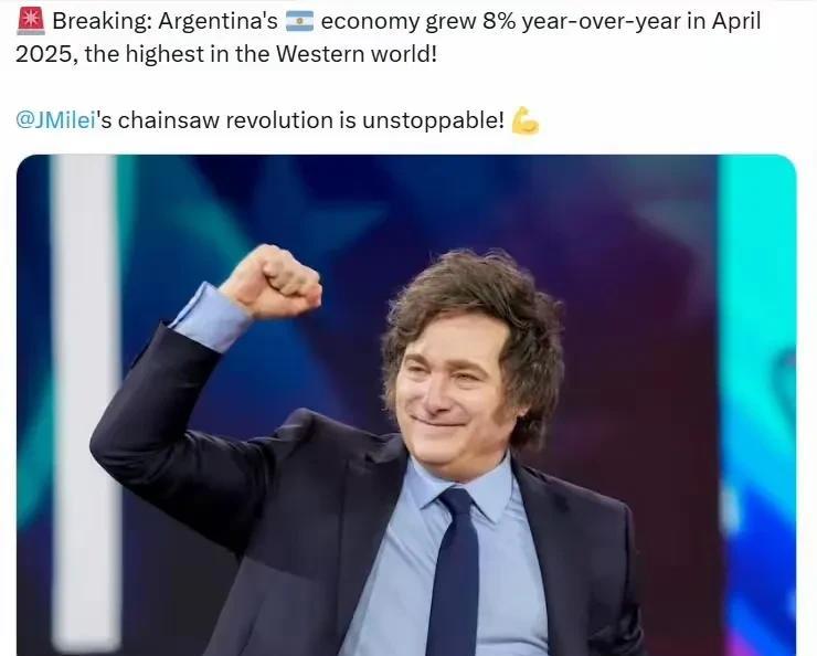 米莱的改革异常成功，4月份同比增长8%，竟还是整个西方最高的。阿根廷总统米莱一上