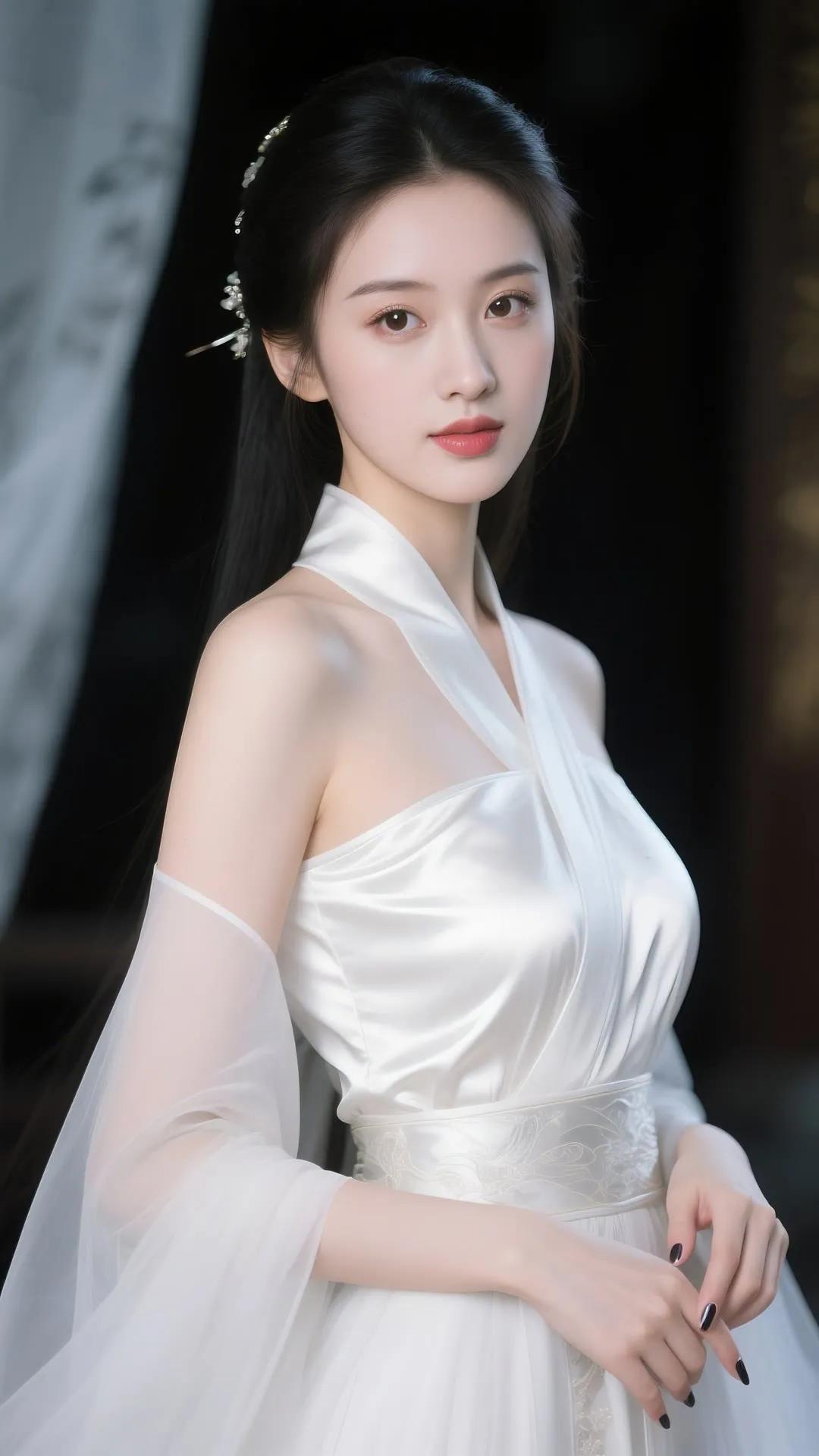 温柔优雅的古典美人，白纱裙摆飘逸，宛如仙子降临。