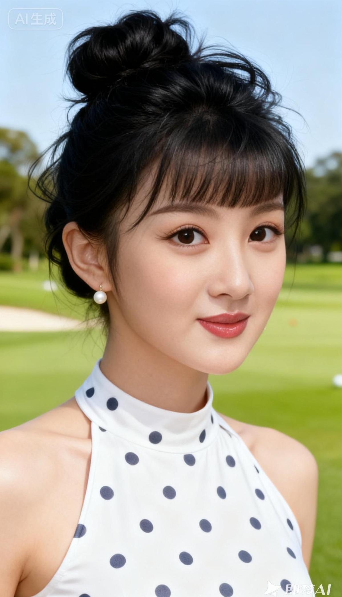 她盘着黑发，穿着白波点裙，站在高尔夫球场上，像一阵风刮进了时尚杂志。没人再觉得