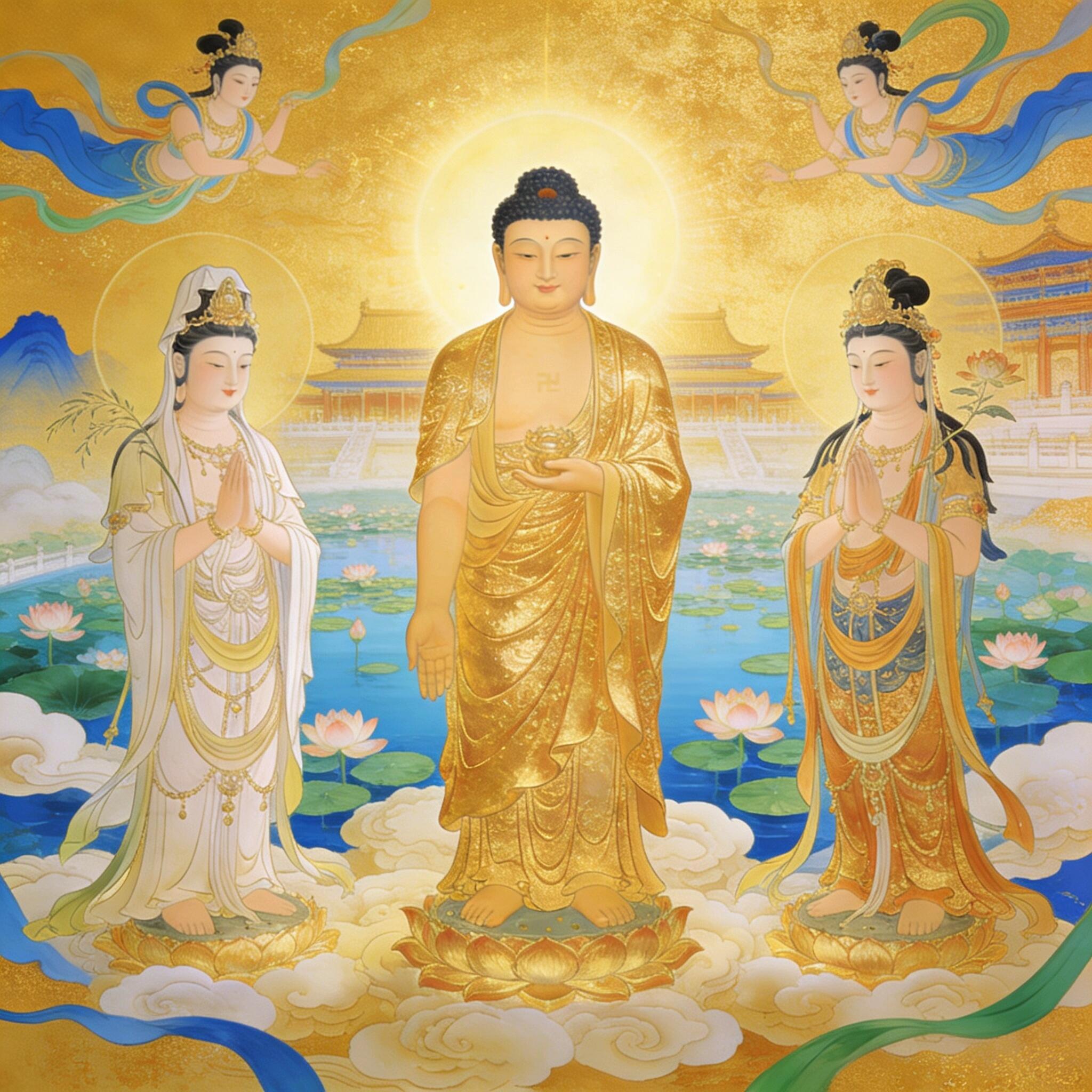 愿大家福慧具足🙏清净自在“西方三圣安立莲华，弥陀垂臂摄受，观音大悲拔苦，势至大