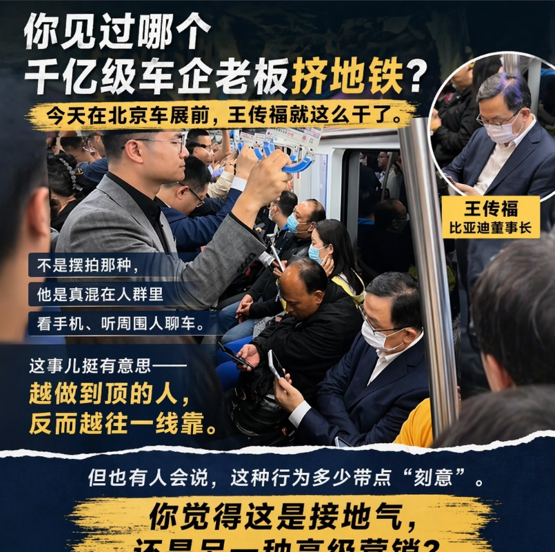你见过哪个千亿级车企老板挤地铁？今天在北京车展前，王传福就这么干了。不是摆拍