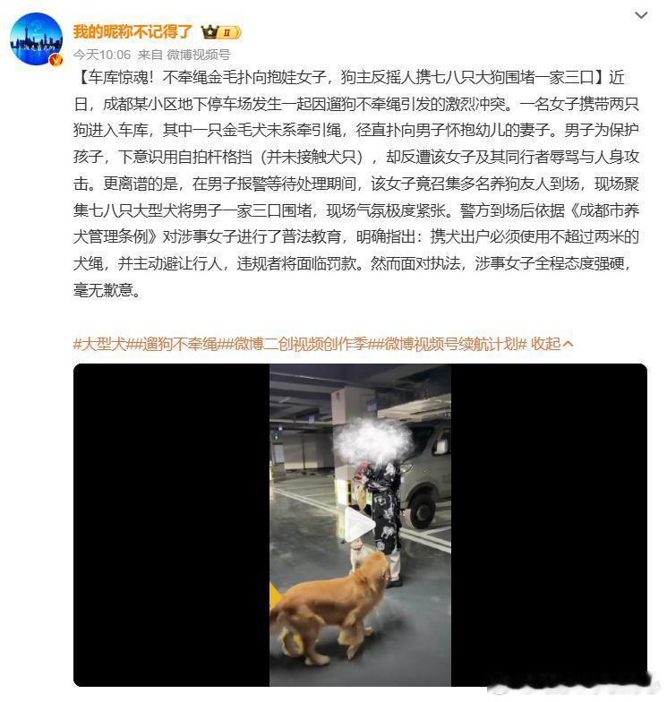 不牵绳金毛扑向抱娃女子面对“聚众围堵”以及不栓绳子的大狗及其“全程态度强硬，毫无