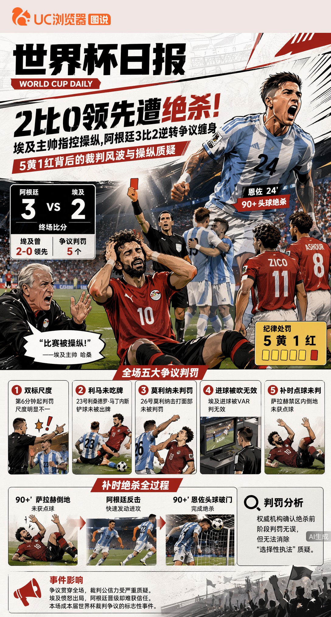 2比0领先遭绝杀！埃及主帅指控操纵，阿根廷3比2逆转争议缠身