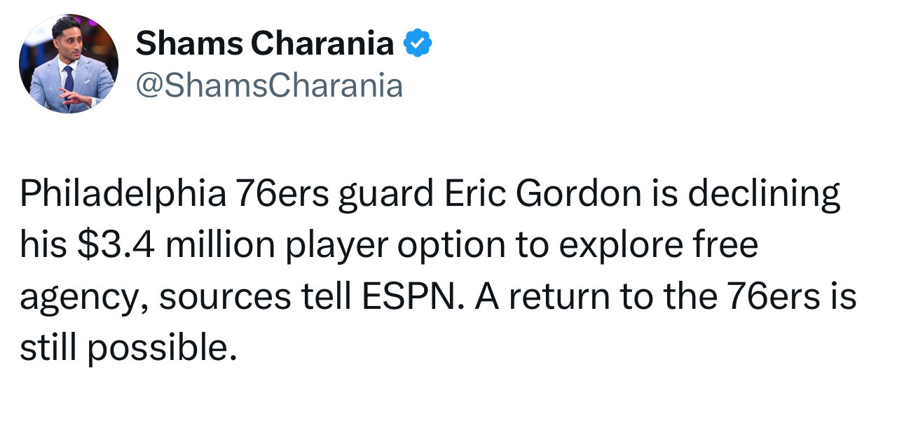ESPN记者Shams：据消息人士向ESPN透露，费城76人后卫埃里克·戈登拒绝