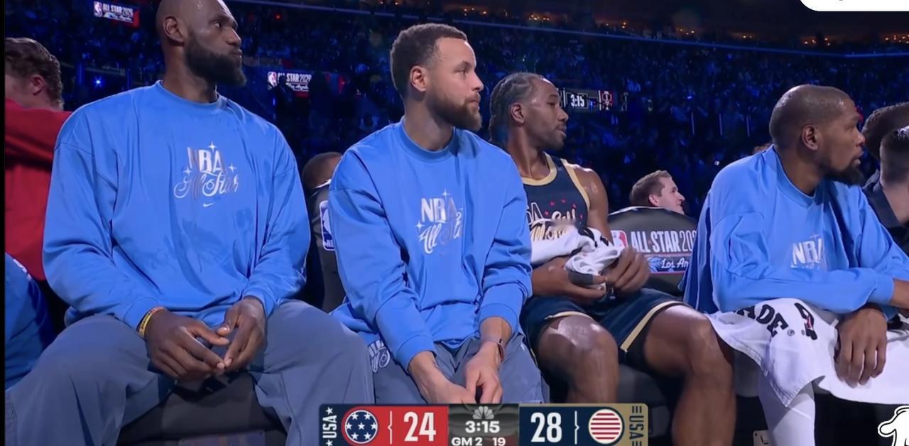 理想中的全明星首发阵容，应该是这图里的四人，加上哈登！可惜的是，库里因伤不能登