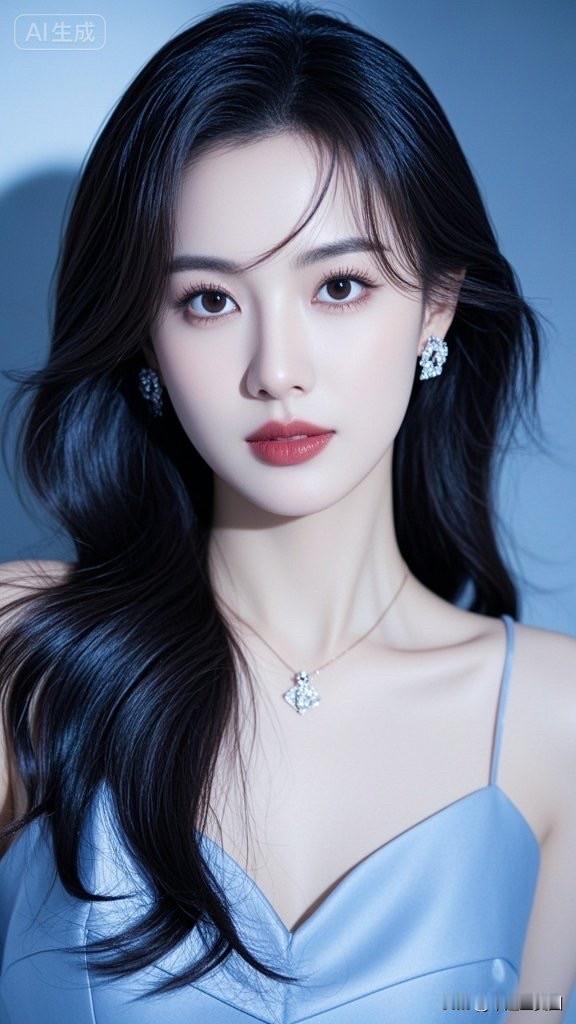 优雅蓝裙，闪耀珠宝，自信微笑，时尚女神！