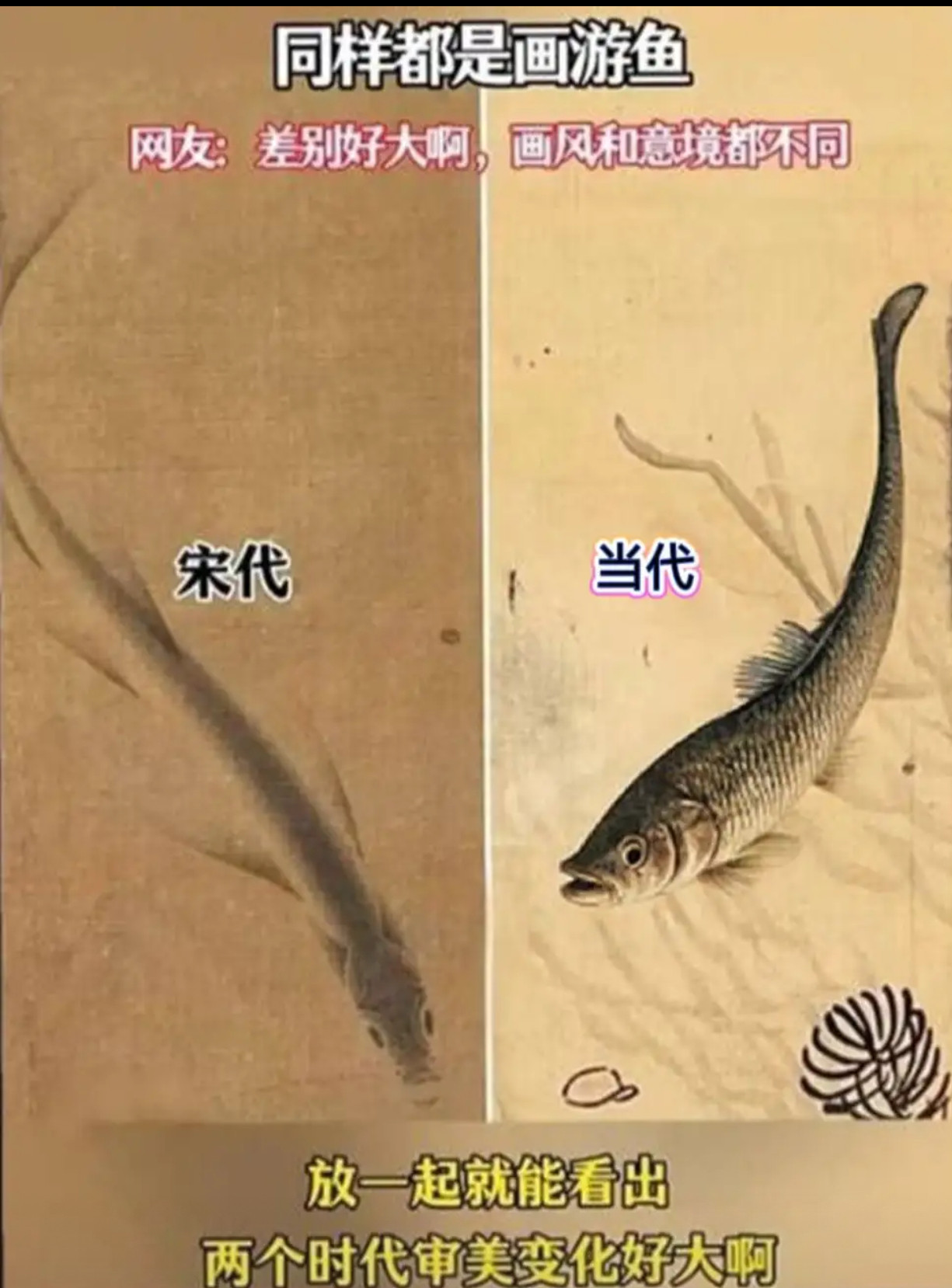 同是游鱼画作，宋代与当代竟有天壤之别！​​​