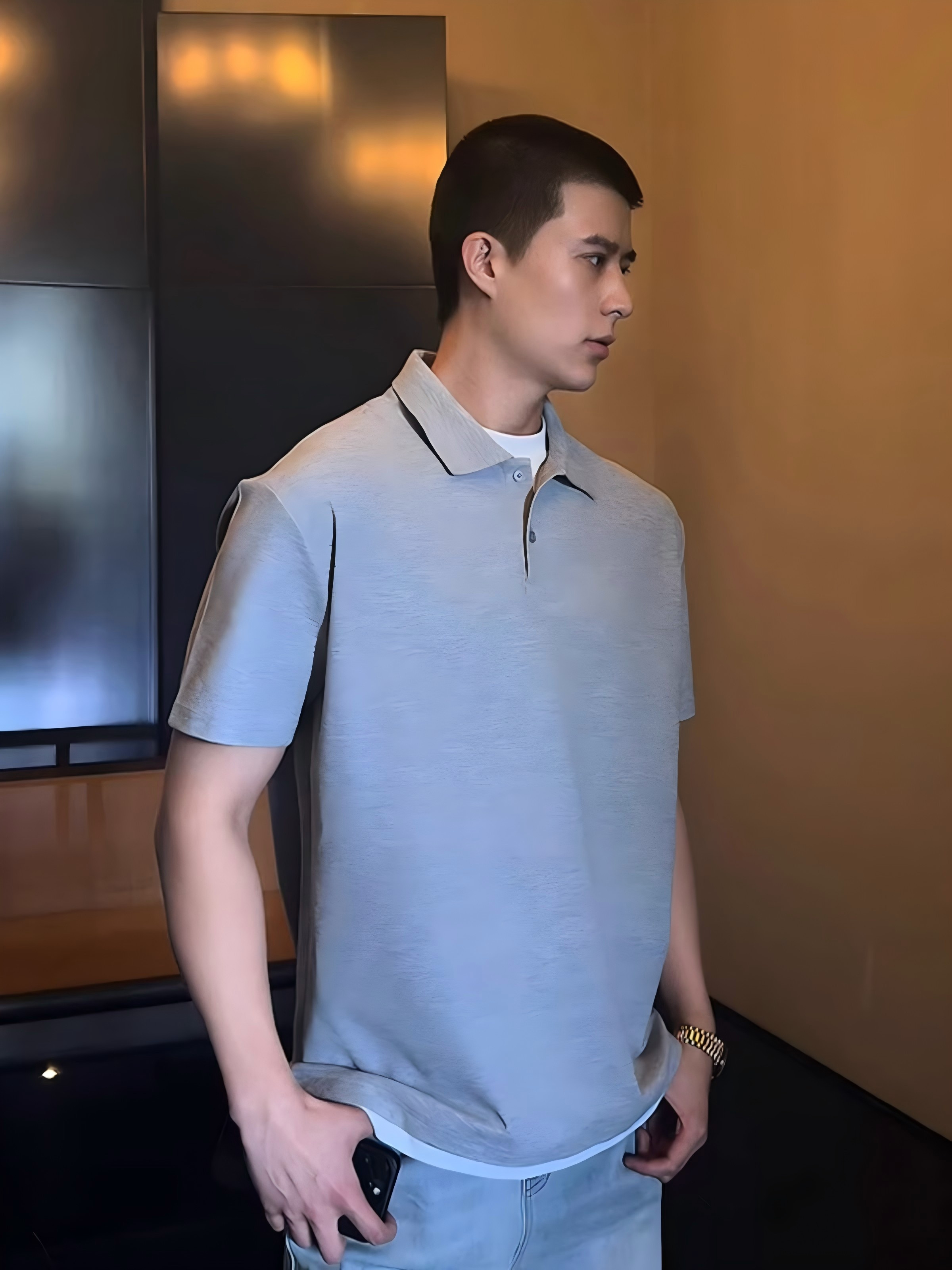 灰色假两件短袖polo衫男夏季美式硬汉穿