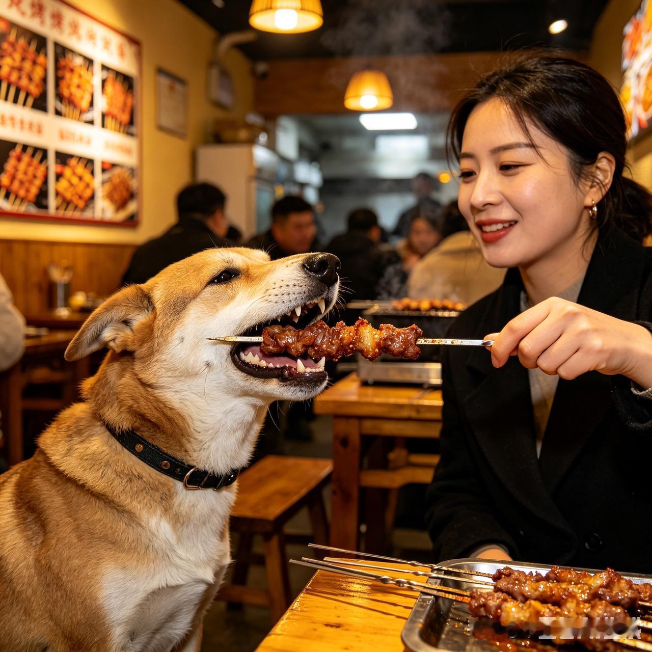 从这个女人在公共场所还明目张胆给狗撸串来看，私下里，她经常人狗共食。公众场，她也