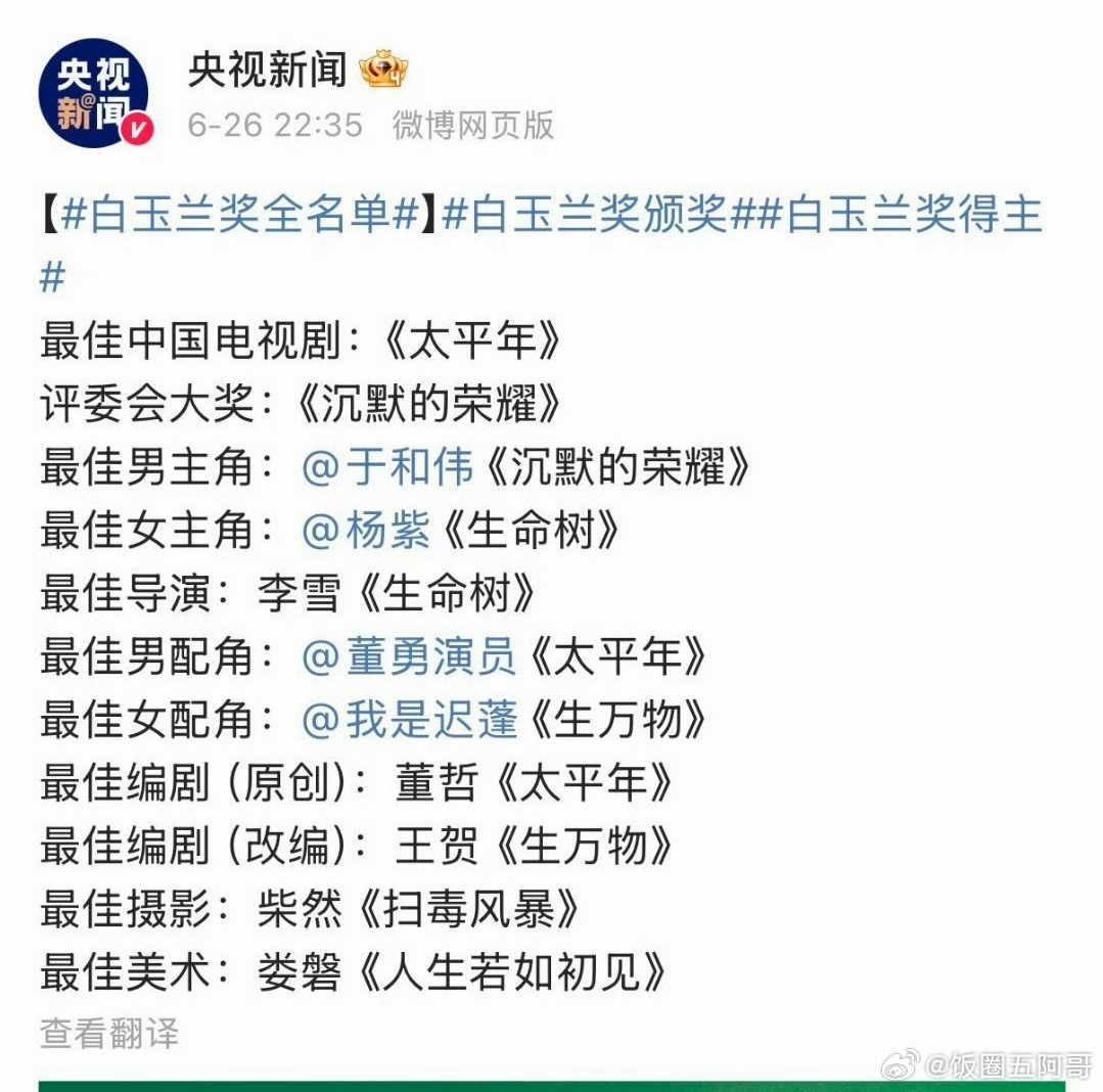 白玉兰获奖名单最终名单