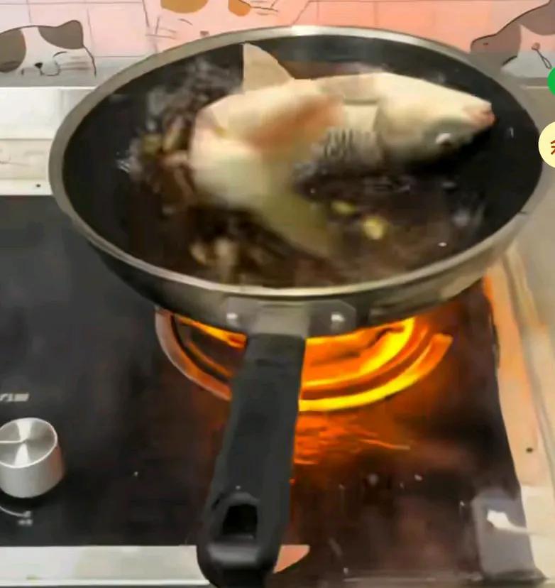 女子本想秀厨艺炖鱼汤，到锅里的鱼突然活了，并且活蹦乱跳的扭来扭去，佐料都放满了
