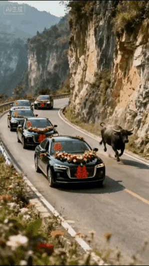 一列婚车顺山脚公路逶迤前行。准新娘和新郎沉㴆在无比的幸福中，突然，新娘家的头水牛