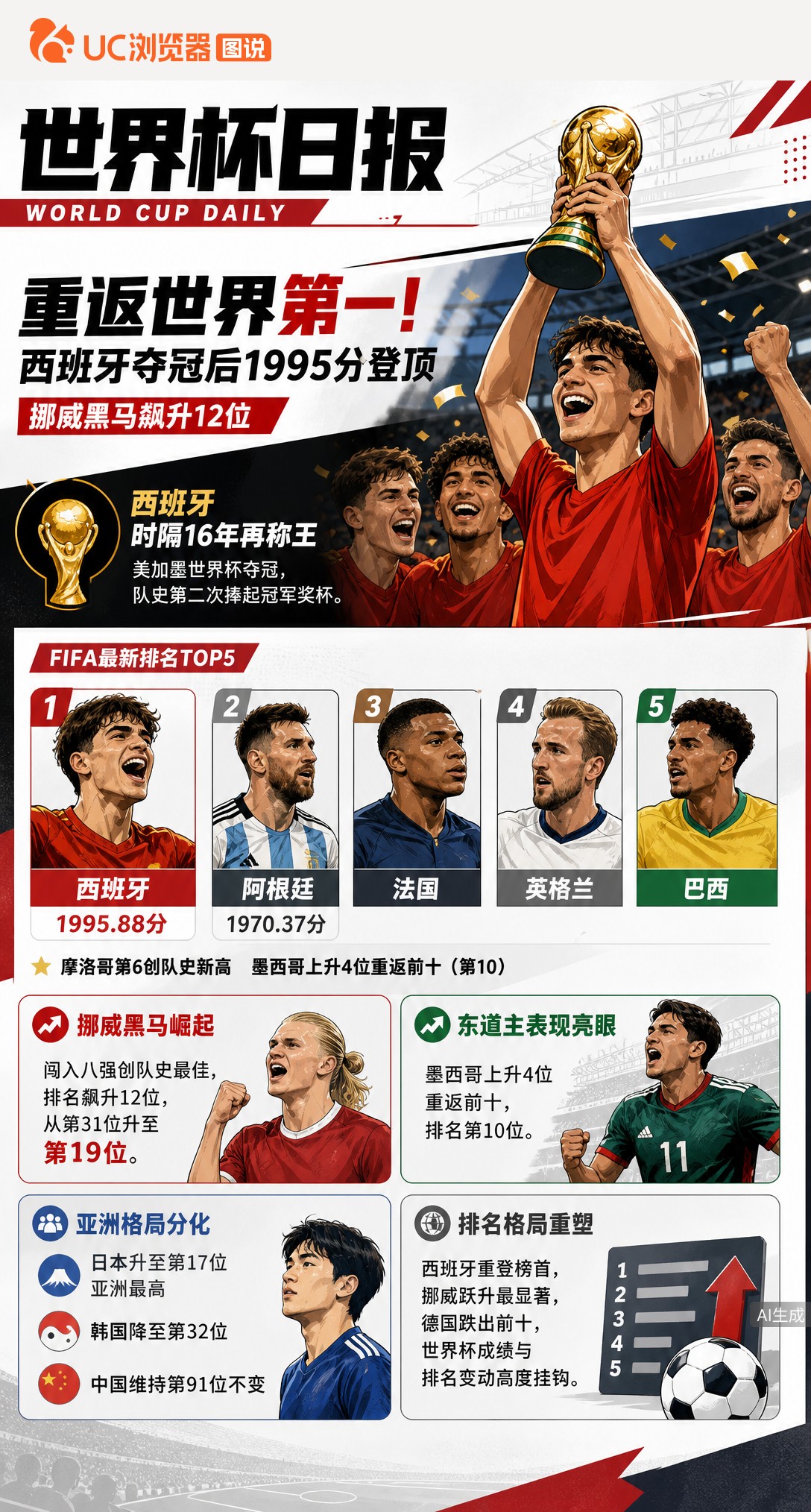 重返世界第一！西班牙夺冠后1995分登顶，挪威黑马飙升12位