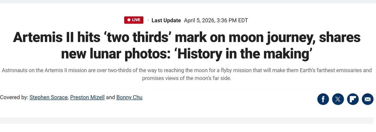 NASA的绕月飞船已“完成了”三分之二“的航程，宇航员分享月球照片当地时间周