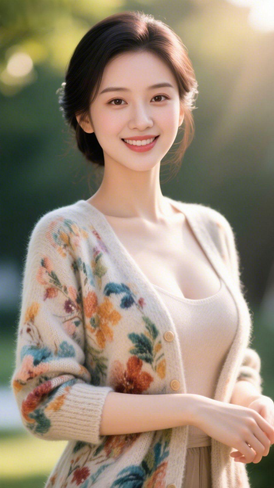 《花衫裹满秋阳柔》暖光裹着林野的软意，她身上的花织开衫便成了秋的注脚——绒