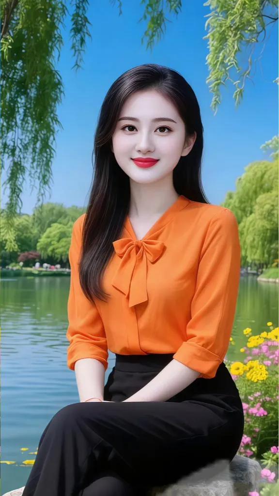 美女坐湖边，大长发披肩。犹如仕女图，靓丽招人爱。