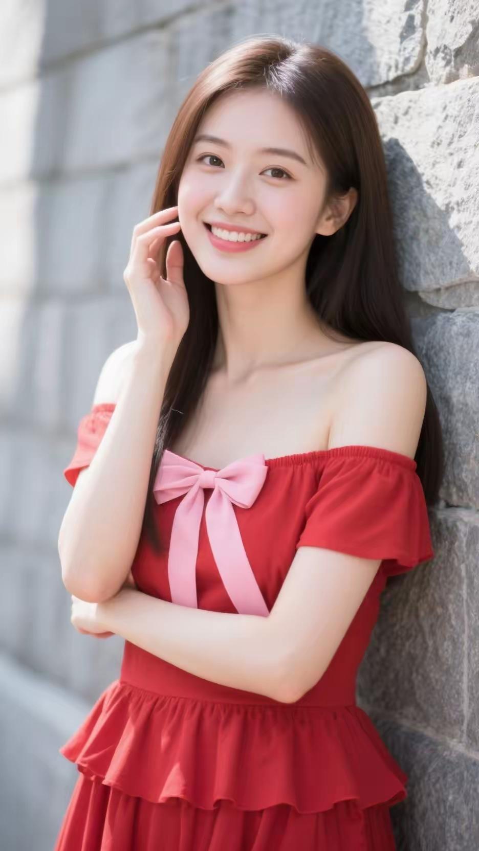 元气少女红裙照，甜美笑容，石墙背景，少女心满满！💖🌸👗