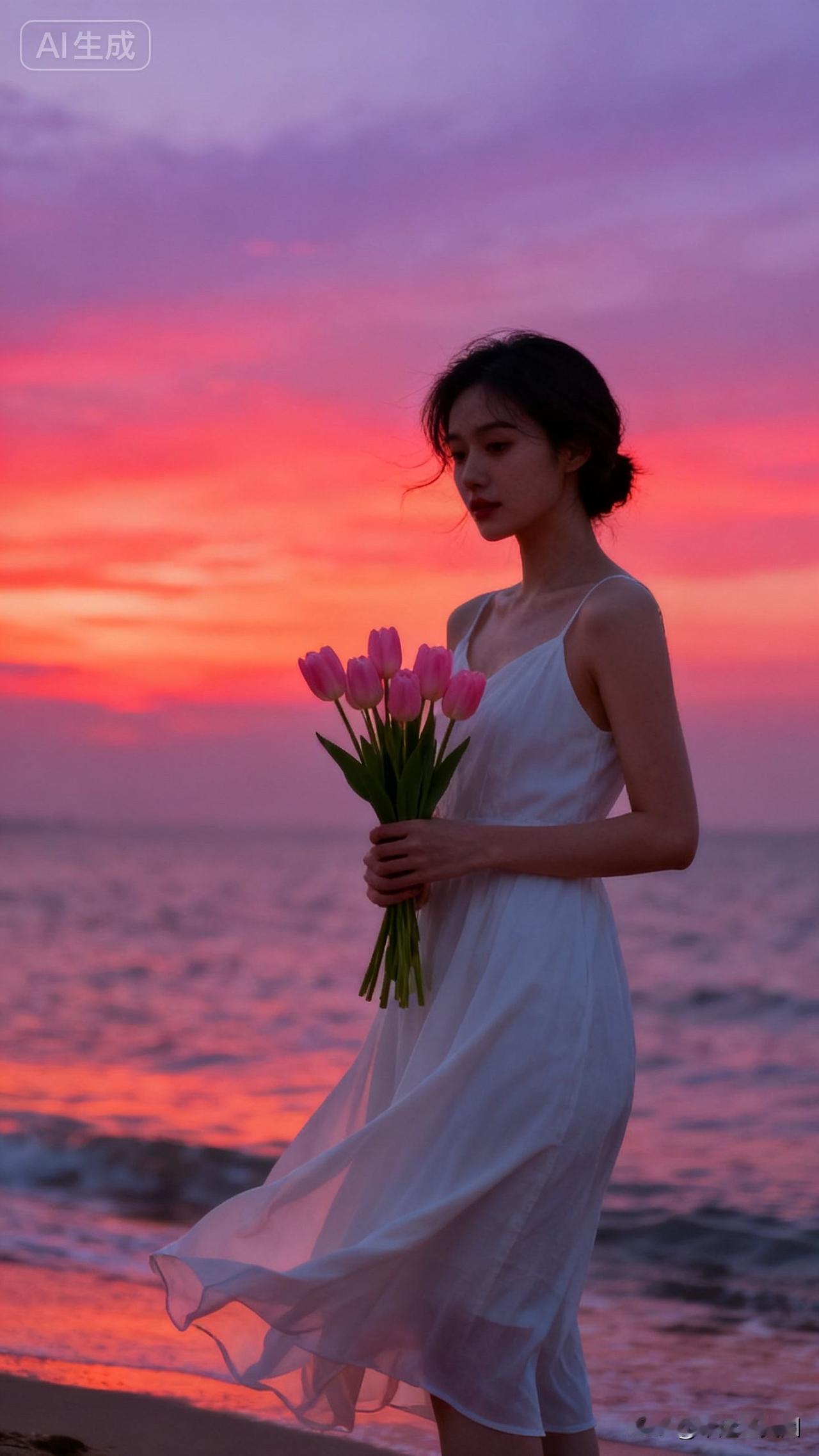 海边日落，手持粉色郁金香，浪漫氛围。