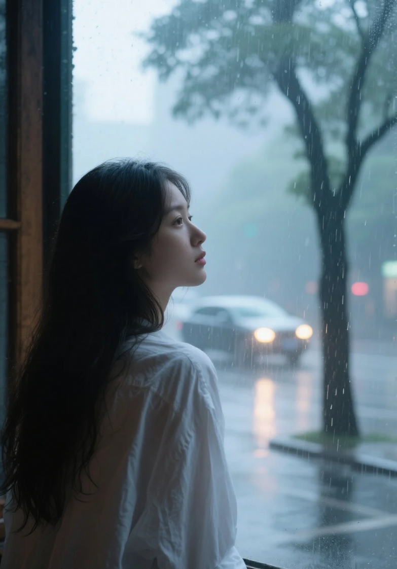 雨夜中的静思：窗边白衣佳人凝望街头的诗意瞬间