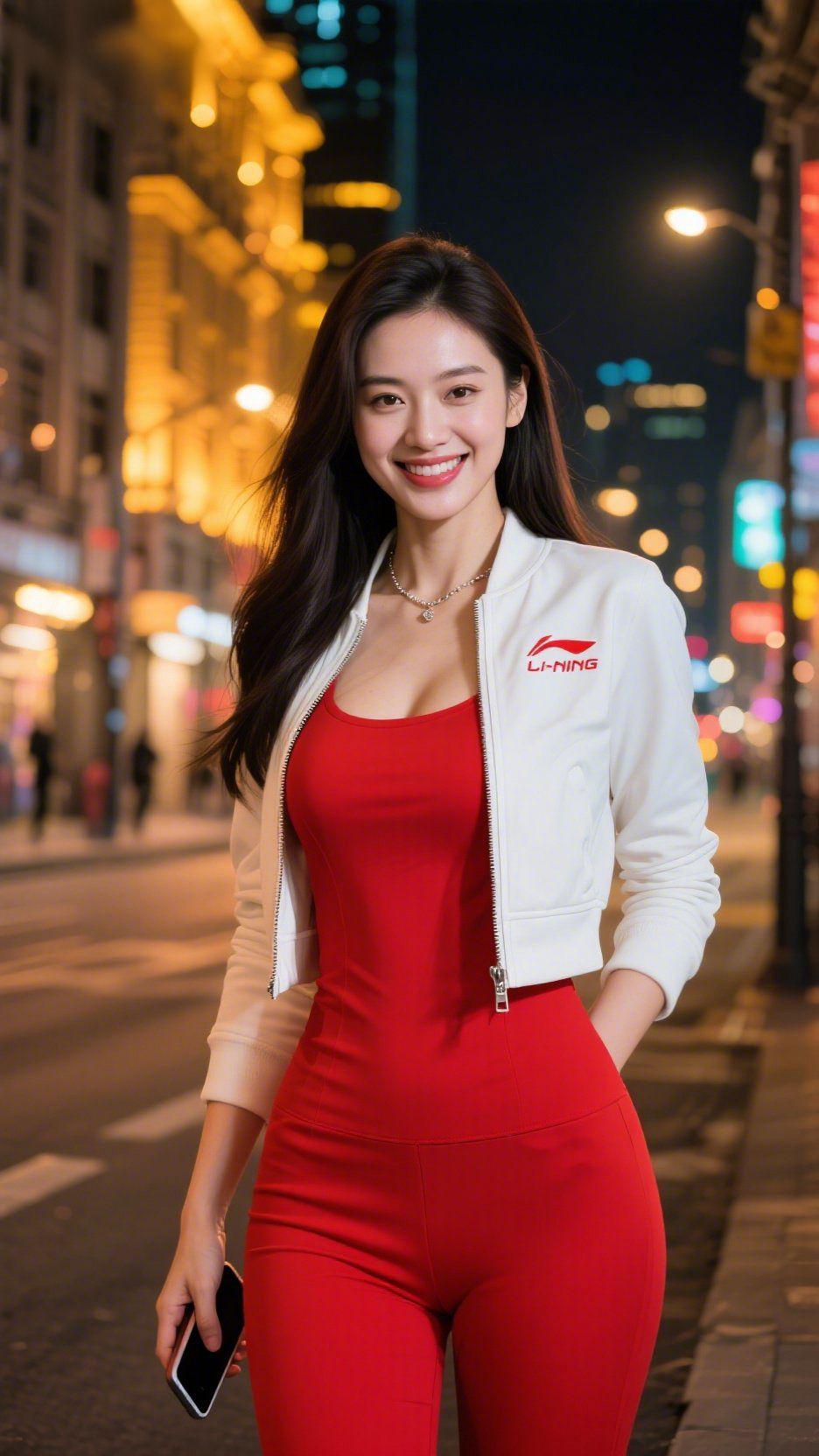 夜街里的红白暖光暖黄灯影裹着巷风，她立在夜色里，白衫衬着红装，像把鲜活的暖