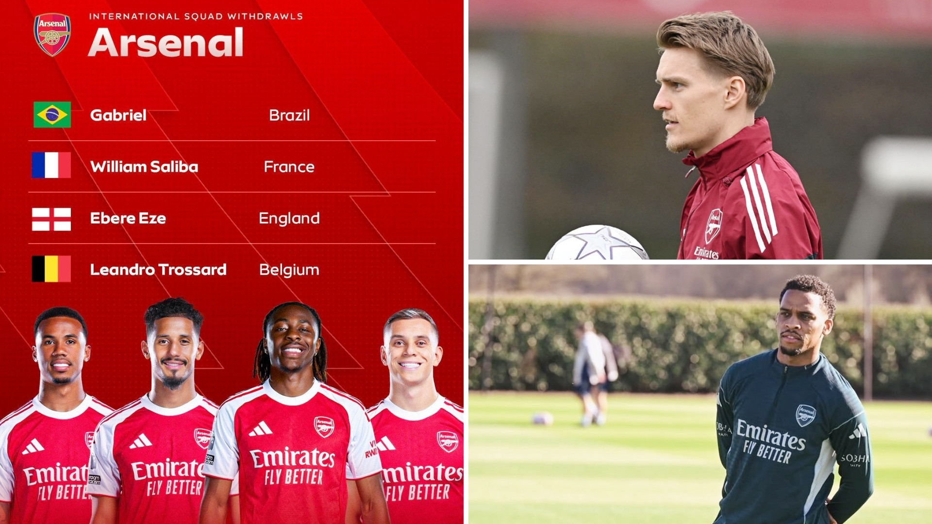 加布里埃尔、萨利巴、艾泽和特罗萨德因伤退出国家队。厄德高和廷贝尔预计4月初复出