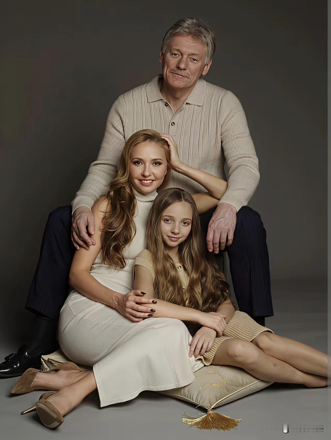 一家三口，所穿衣服的颜色，以及他们头发的颜色和皮肤的颜色，看起来是和谐统一的，当