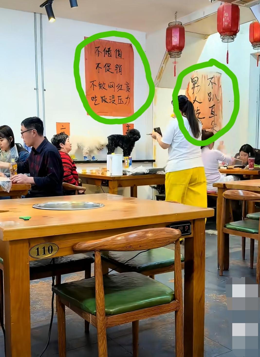 一火锅店内，这两只宠物犬就这么堂而皇之的站在墙边的隔板上面，这位大姐（是不是宠物