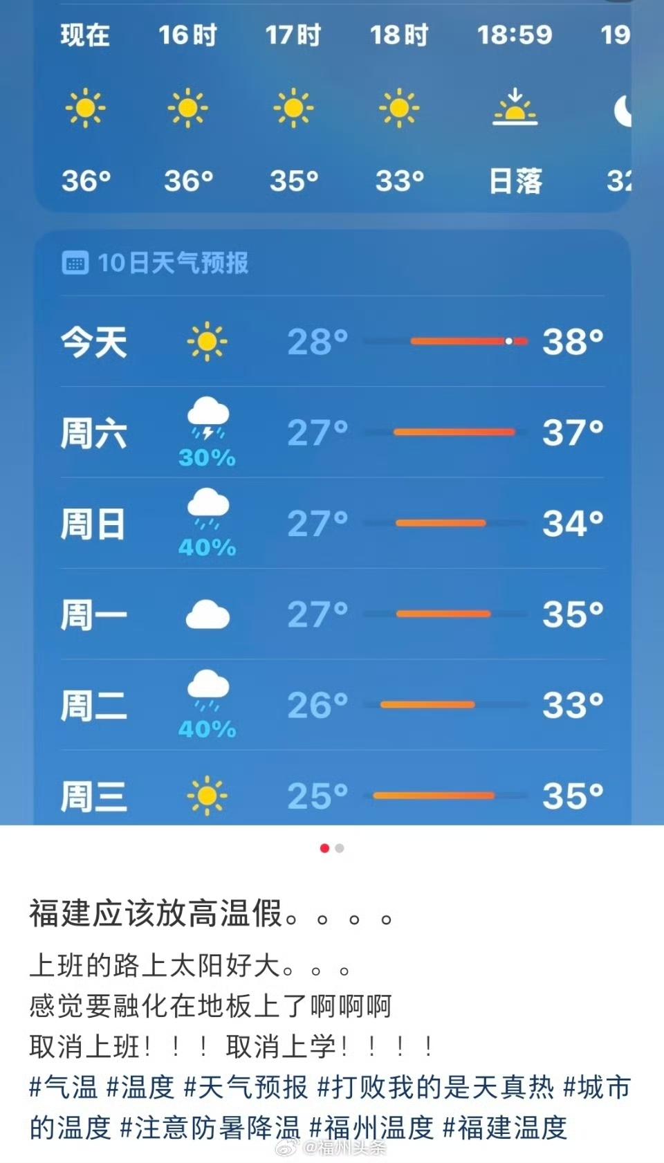 福建人出门小心中暑副热带高压稳稳盘踞在福建省上空，桑拿天持续营业！福建高温