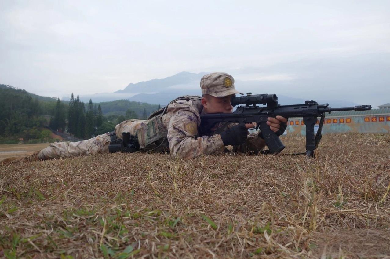 QBZ-191步枪白光瞄具前还装着一个3倍侧翻红点/全息放大镜（图一），各种白光