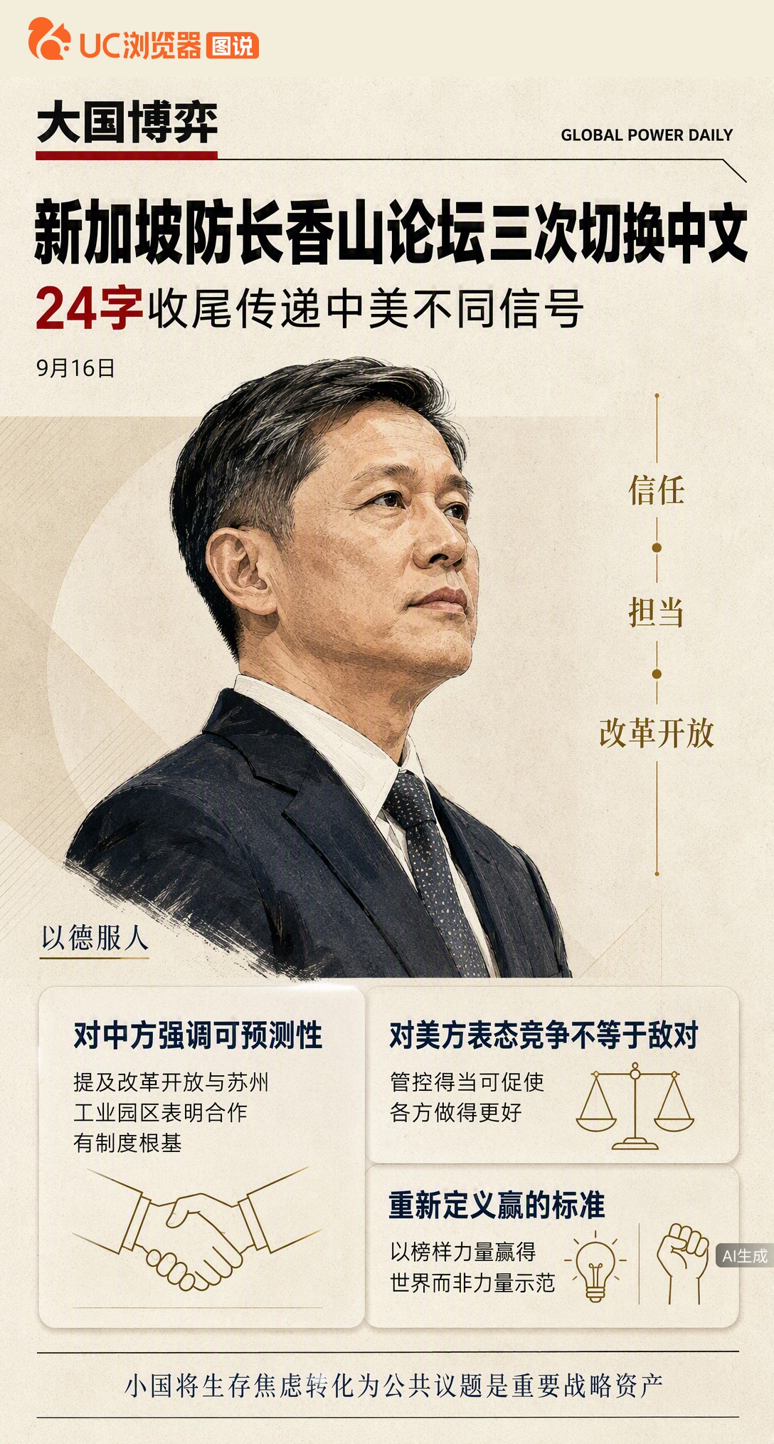 新加坡防长香山论坛全程英文却三次切中文，24字收尾暗藏深意。距美加征关税仅54天，他用语言精准分流信