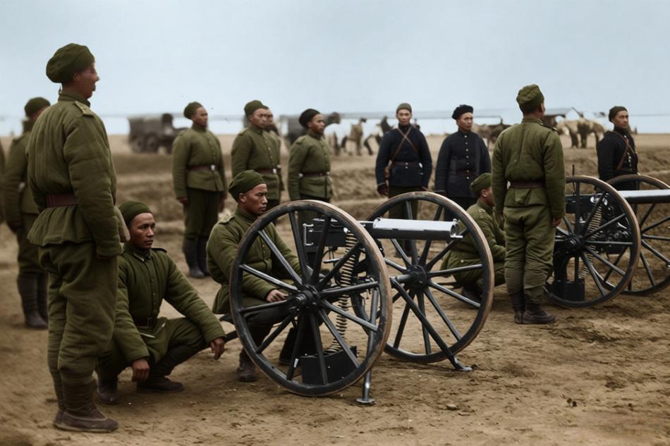 这张老照片，拍摄于1905年，记录了清末北洋新军在保定进行马克沁重机枪（时称“马