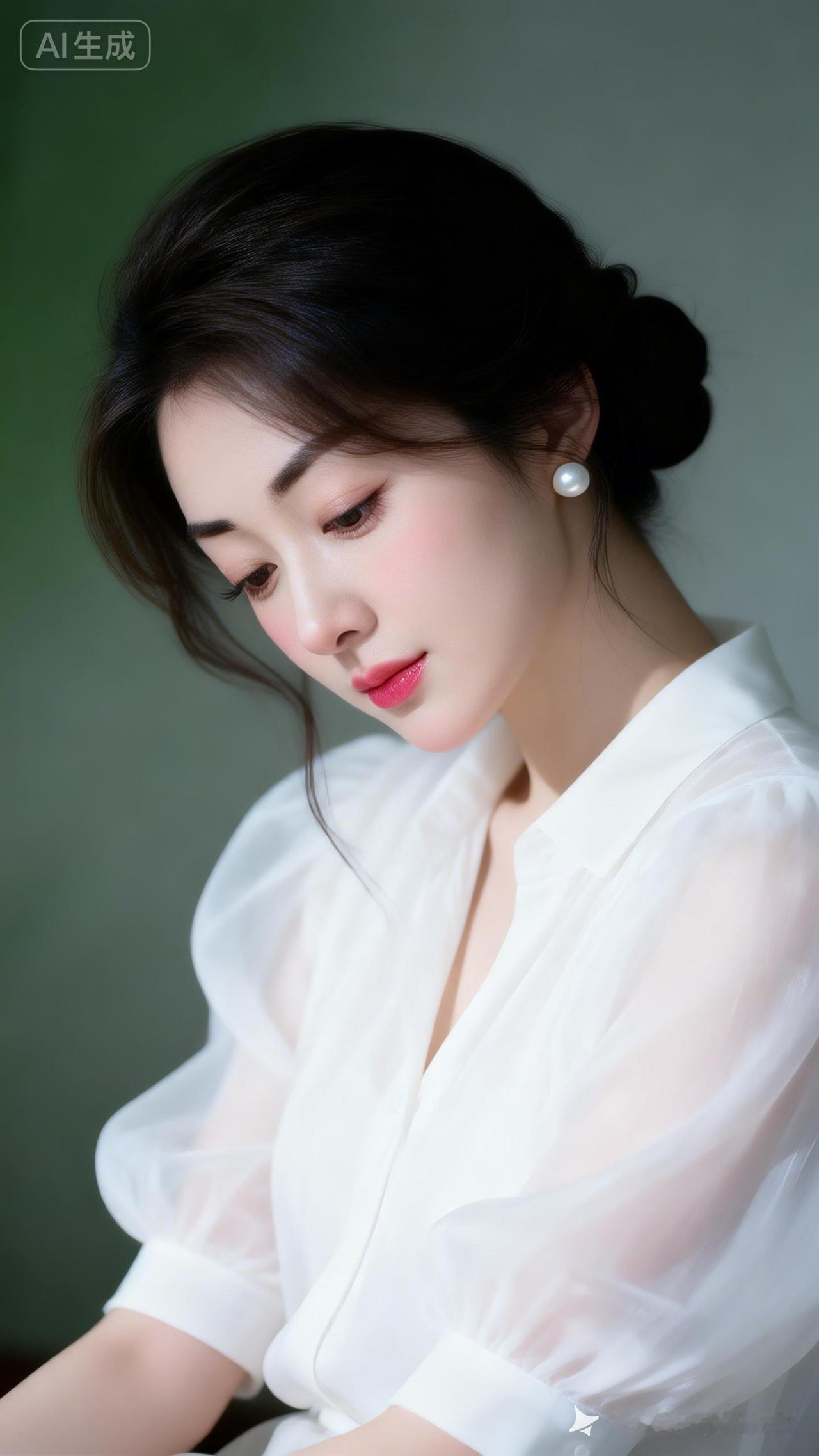 温柔优雅的气质，珍珠耳环点缀，白衬衫的清新