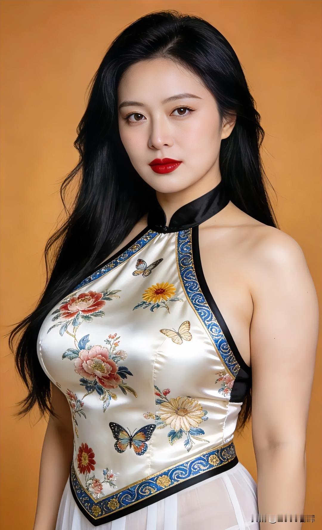 旗袍裹身，花蝶点缀，红唇明眸，温婉如画。