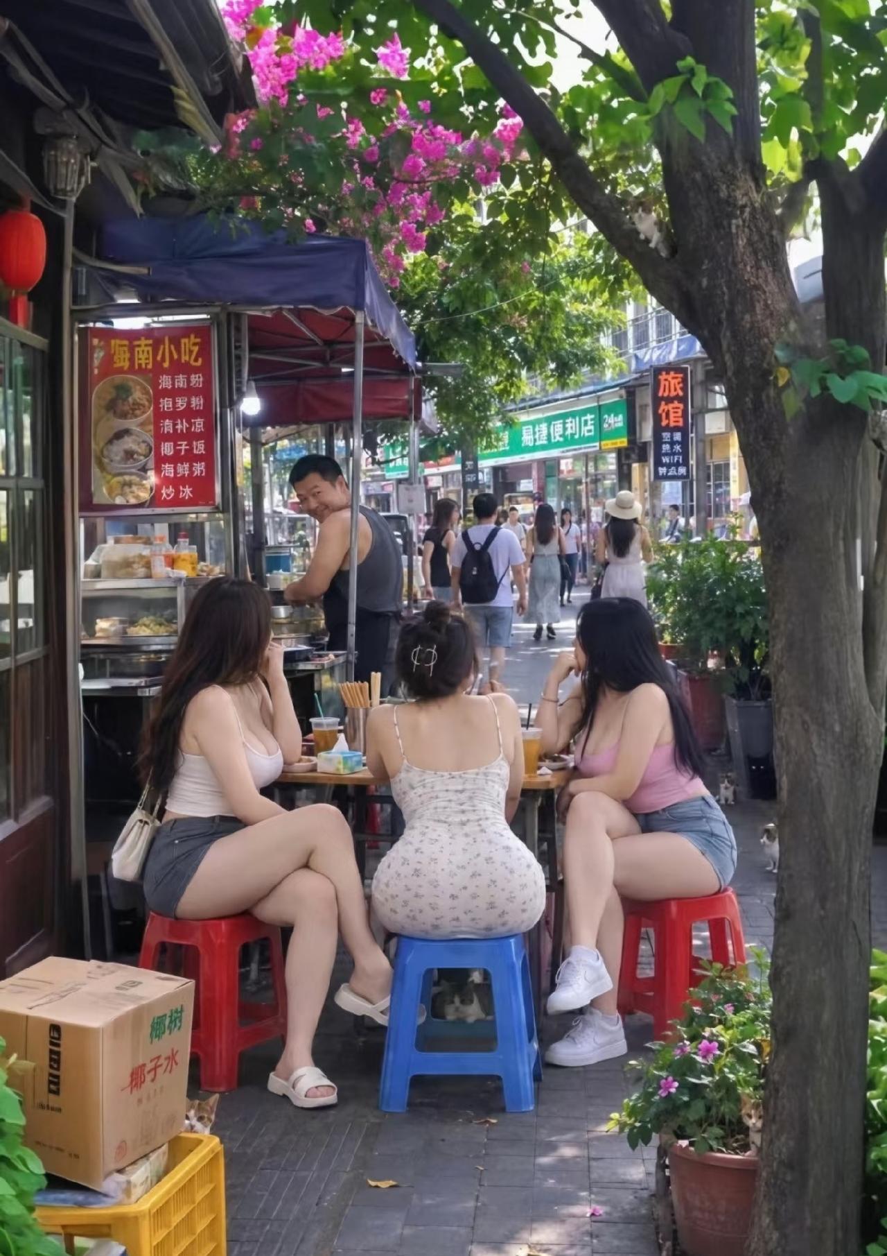 夏天就该大大方方的穿，过度防晒看着就闷的慌，小吃摊老板笑的合不拢嘴，美好的