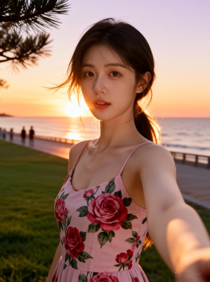 日落海边自拍，粉裙少女，温柔时光