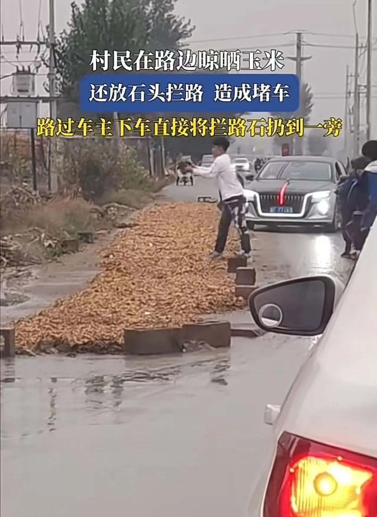 “这个小伙火了！”在一条乡村的水泥路上，一边是铺得满满当当的玉米，一边是一长