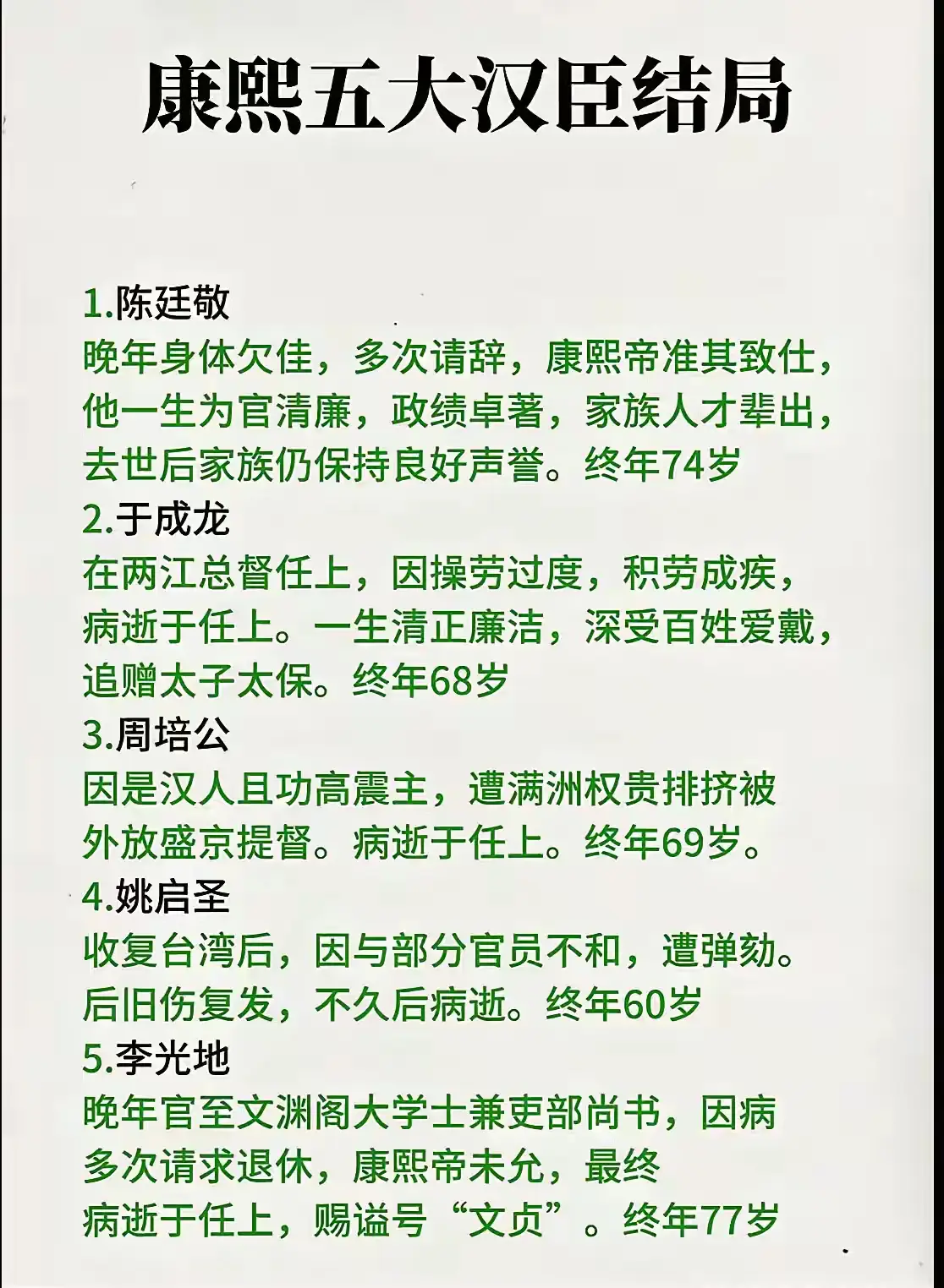 康熙时期五大汉臣的结局