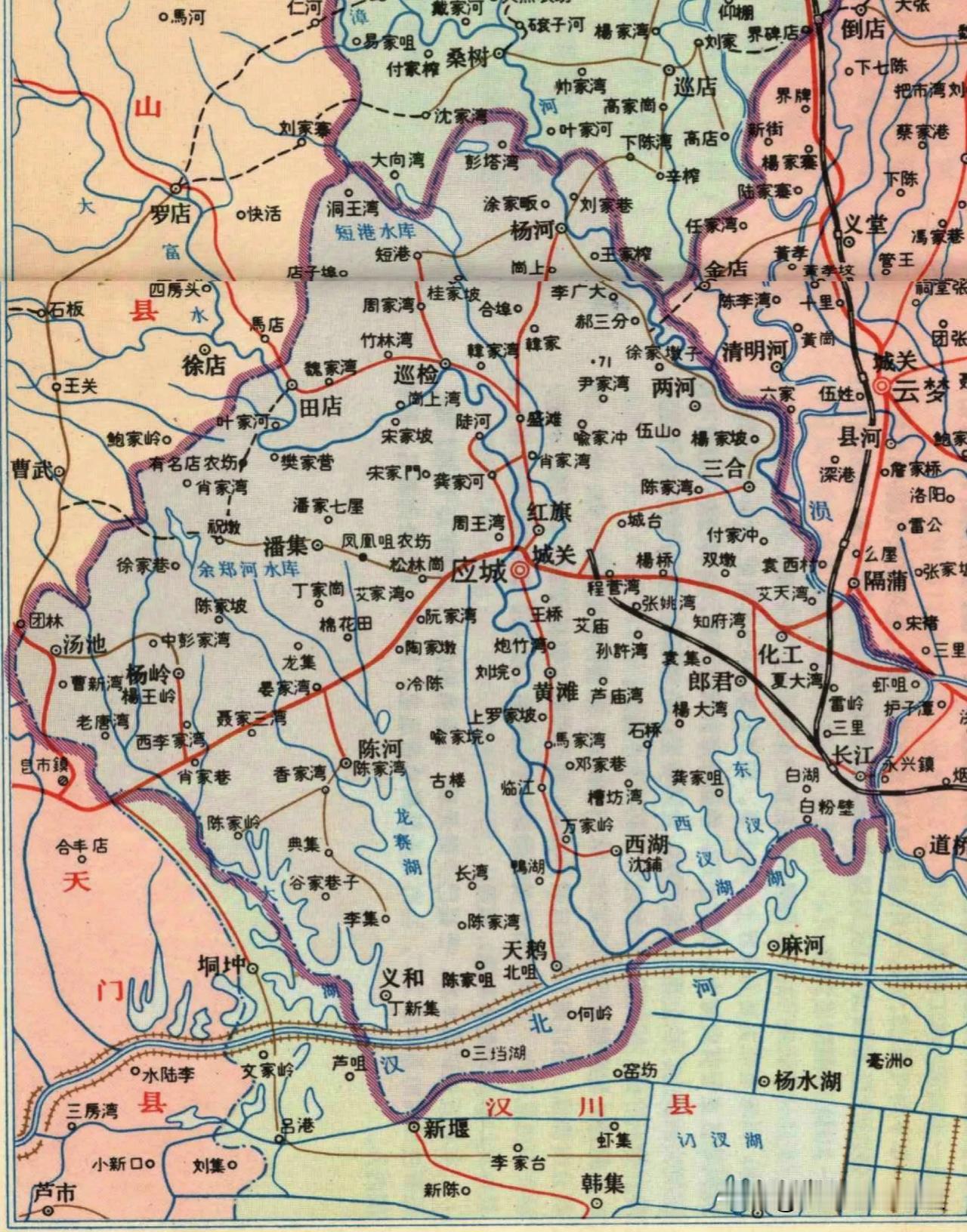 1978年湖北省应城县地图。应城县面积1153平方公里，人口约48万，全县分18