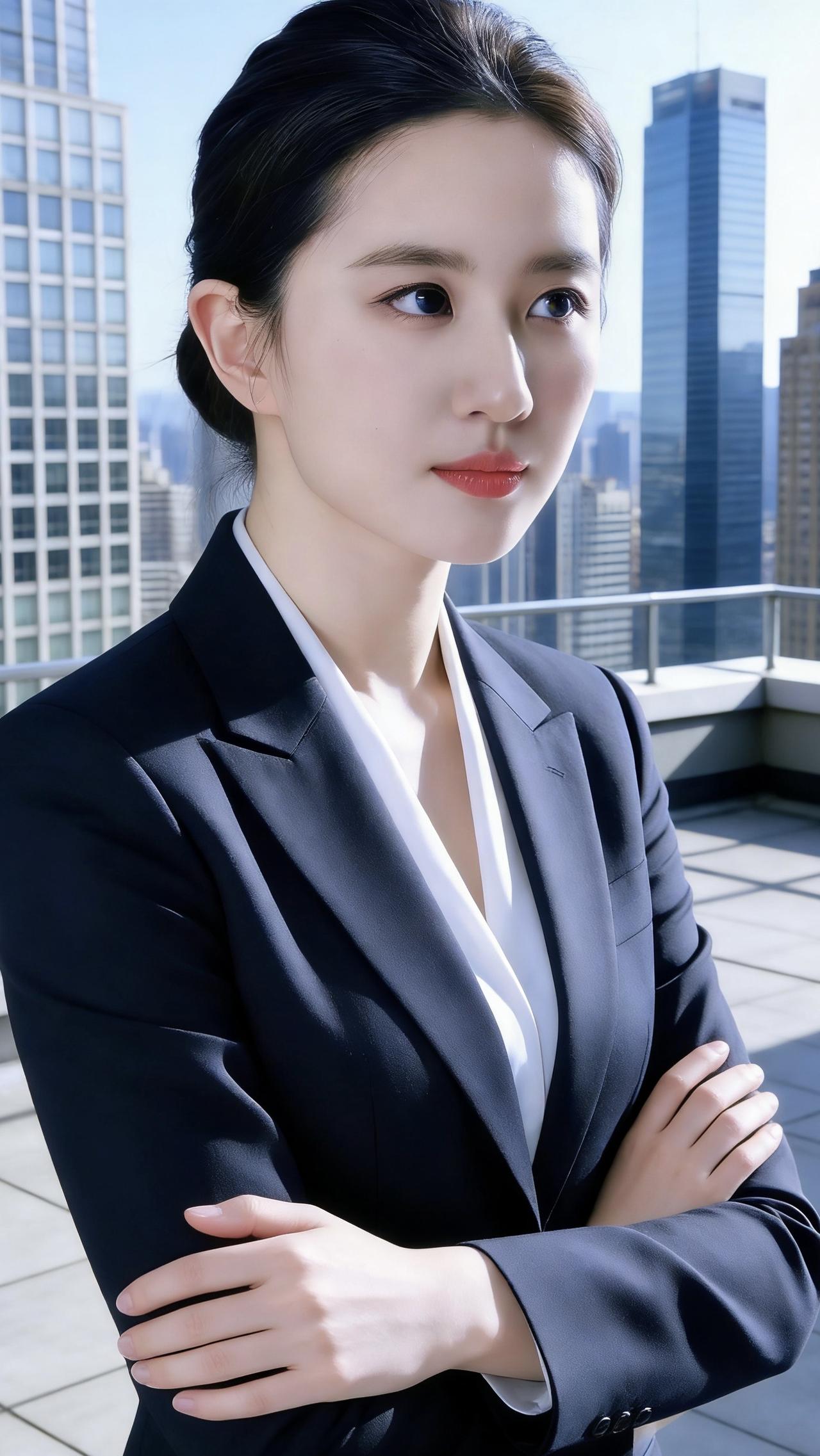 她身着一身剪裁利落的藏青色西装外套，内搭垂顺的白色V领衬衫，整套穿搭既显专业又带