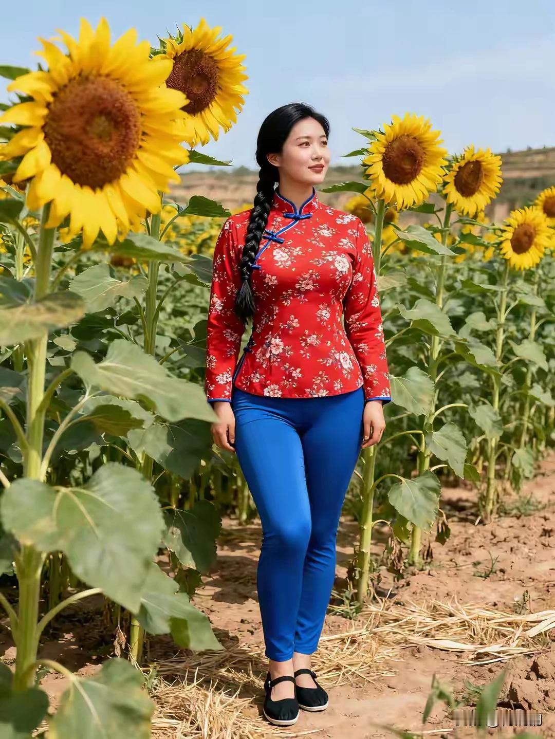 黄土高坡，地域独特陕北葵花，红袄姑娘长辫蓝裤，乡土风情美到心颤，难得一见