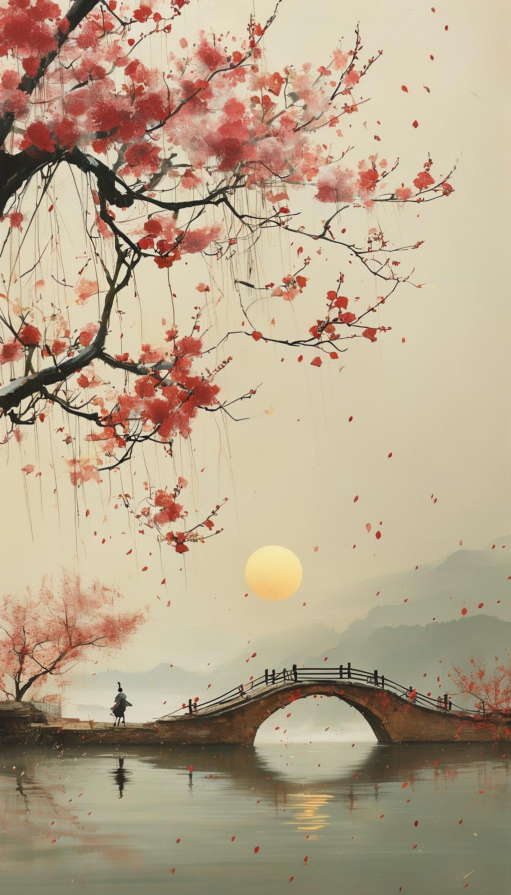 春暮飞絮轻随落日流，残红半落小桥头。东风不解行人意，又送莺声过画楼。