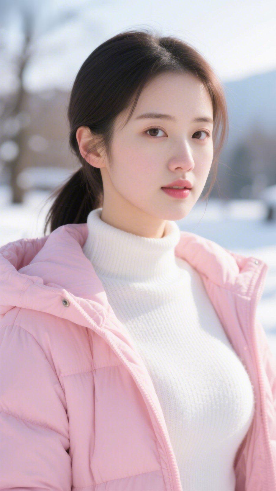 雪色里的软暖皑雪背景间，她身上的粉绒衣裹着软绵的暖，米白高领的纹路、衣料轻