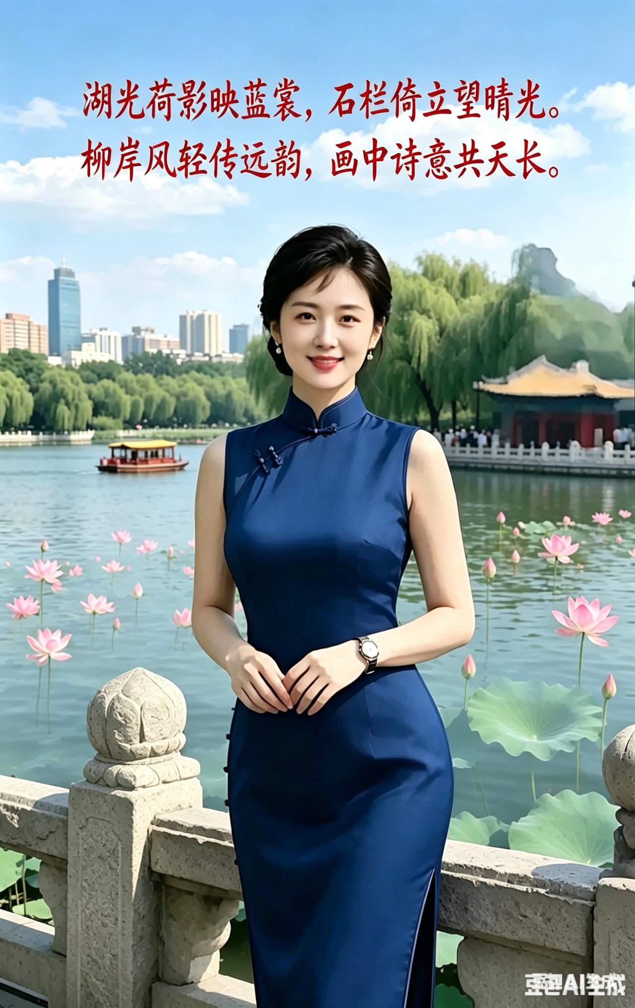 穿旗袍的女士站在湖边，景色很美。