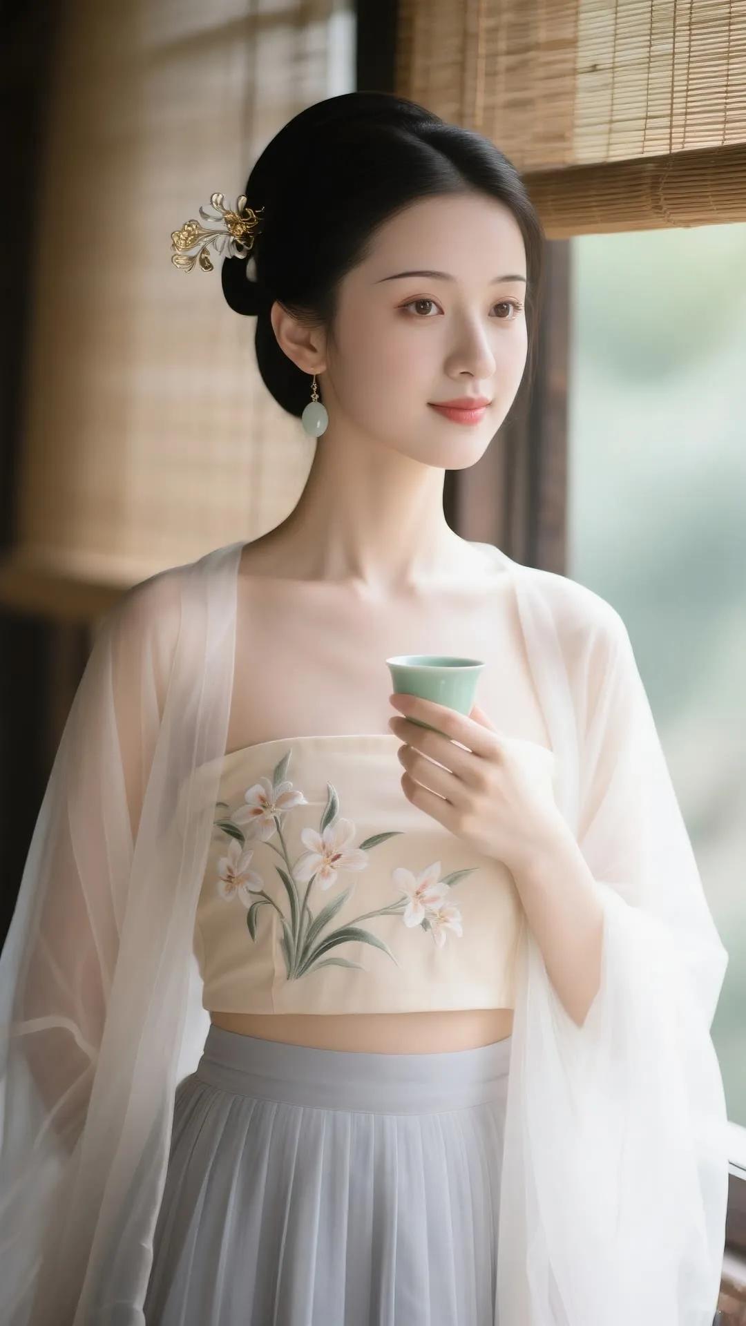 古典美人轻抚茶盏，静享悠然时光。